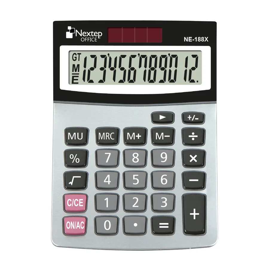 Calculadora Nextep 12 dígitos, cubierta metálica, semi escritorio, solar/batería