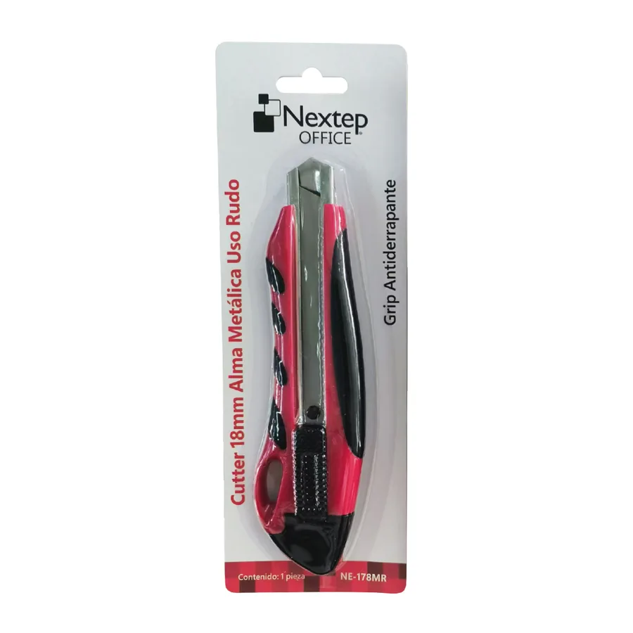 Cutter plástico Nextep uso rudo, navaja 18mm, grip antiderrapante, color rojo/negro