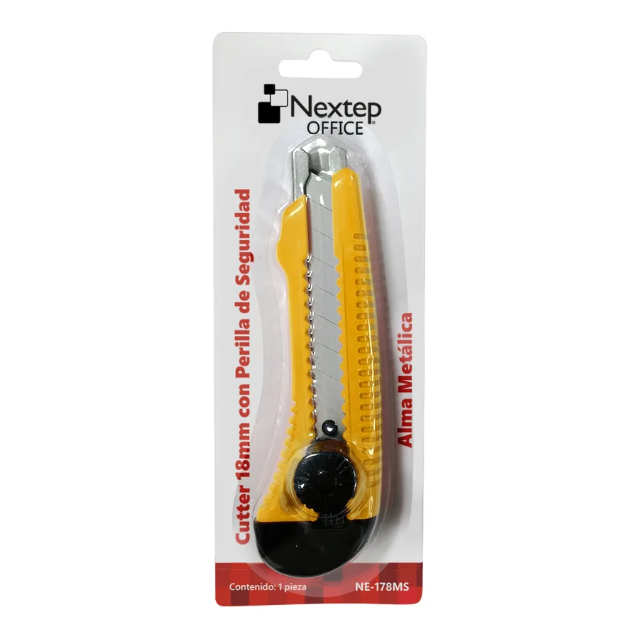Cutter plástico Nextep grande, navaja 18mm, alma de metal y perilla de seguridad, color naranja