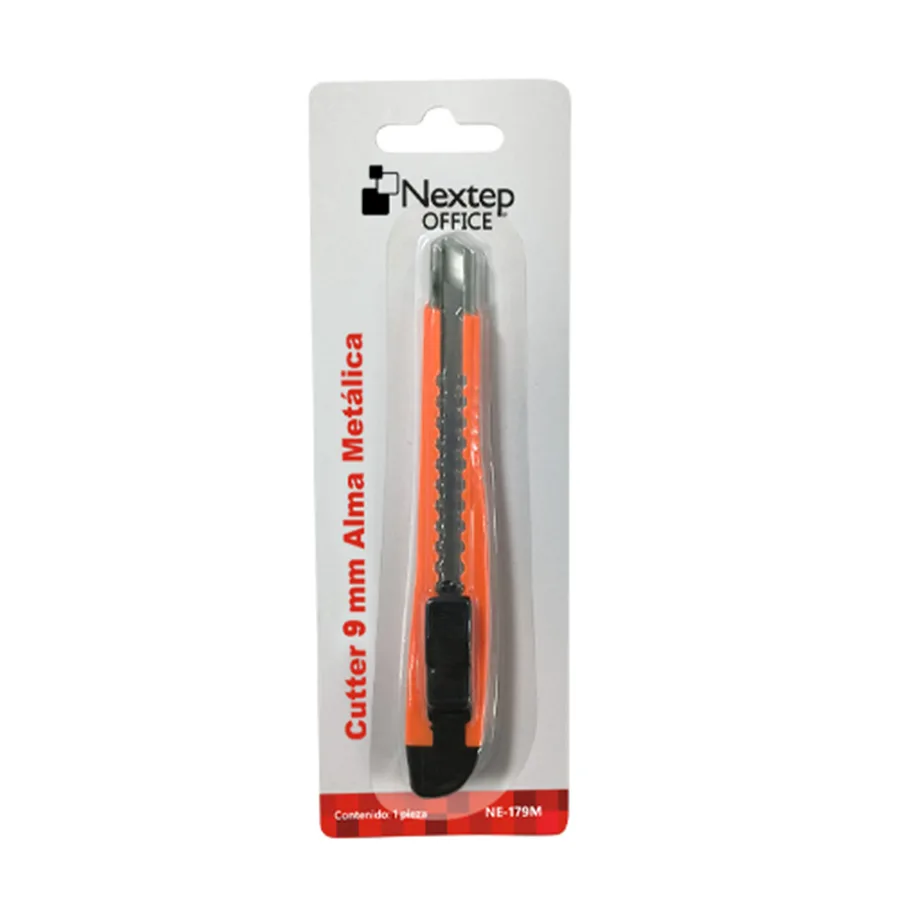 Cutter plástico Nextep chico, navaja 9mm, alma de metal, color naranja