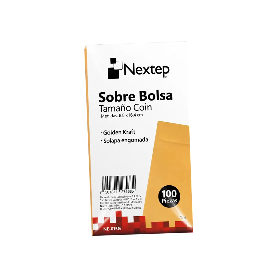 Sobre bolsa Nextep kraft tamaño coin, solapa engomada, paquete con 100
