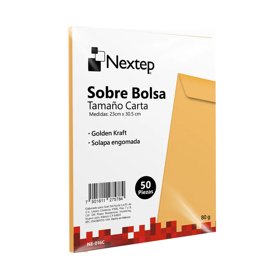 Sobre bolsa Nextep kraft, tamaño oficio, solapa engomada, paquete con 50