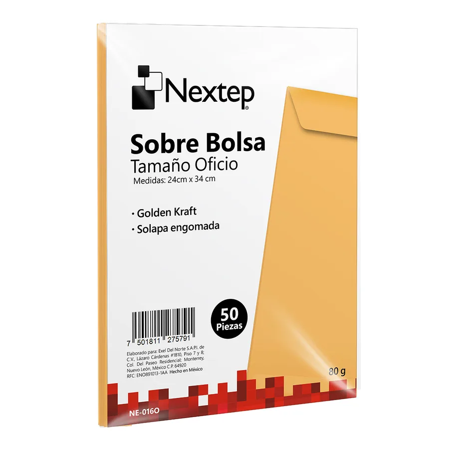 Sobre bolsa Nextep tamaño oficio, solapa engomada, paquete con 50 piezas